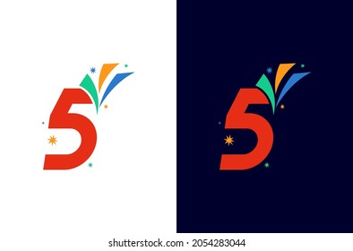 Diseño del logo de fuegos artificiales en 5 años. Celebración del número con una chispa colorida. Icono simple para el carnaval o festival