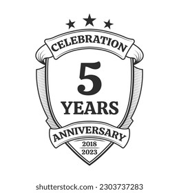 5 year anniversary icon or logo. 5th yubilee celebration, business company birthday badge or label. Vintage banner with shield and ribbon. Wedding, invitation design element. Vector illustration.