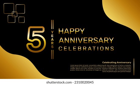 5 year anniversary logo design with a double line concept in gold color, logo vector template illustration
