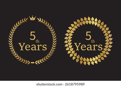 5 Year Anniversary Logo, Golden Color, Vector Template Design element for birthday, invitation, wedding, jubilee and greeting card illustration.