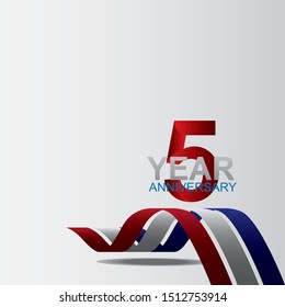 5 year anniversary logotype design with red color and ribbon isolated on white background for celebration event