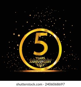 5 year anniversary template design with golden number and ring for birthday celebration event, invitation, banner poster, flyer, and greeting card, vector template