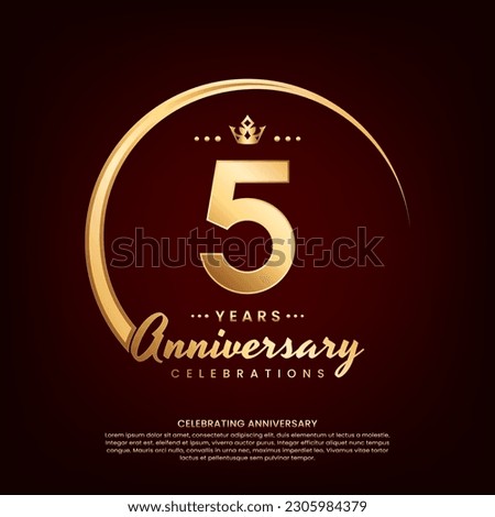 5 year anniversary template design with golden number and ring for birthday celebration event, invitation, banner poster, flyer, and greeting card, vector template