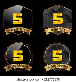 5 year birthday celebration golden label, 5th anniversary decorative polygon golden emblem - vector illustration eps10