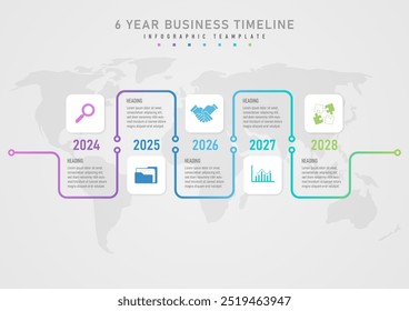 5 year business planning timeline infographic Gradient curves and circles middle year number The white square at the top has multi-colored icons. The space has text and below there is a map.