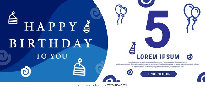 Celebración de 5 años Creative Happy Birthday Text. Diseño de banner decorativo de color azul, ilustración vectorial.