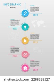 infografía vertical de línea de tiempo de 5 años, círculo con icono central y líneas de círculo multicolor. fondo de gradiente gris Diseño para negocios, marketing, finanzas, inversión, producto, proyecto, planificación.