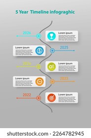 5 year timeline infographic vertical multi colored circles on a square with an icon in the center of the circle and a line with numbers. gray gradient background For business, planning, marketing