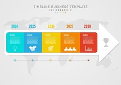 5 Year Timeline Infographic The White Square At The End Has An Arrow In The Center Of The Multi-colored Square. White Text And Icon In The Top Center With Year Numbers Below Circles And Lines.