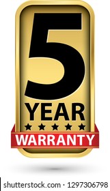 5 year warranty golden label, vector illustration 