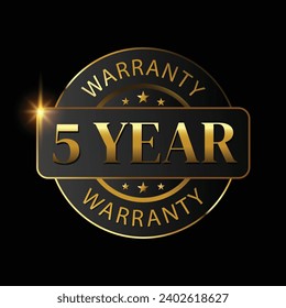 5 year warranty logo with golden shield and golden ribbon.Vector illustration.