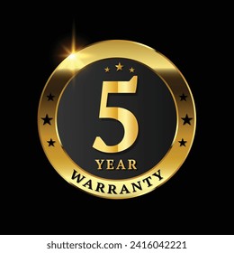 5 year warranty logo with golden shield and golden ribbon.Vector illustration.