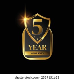 5 year warranty logo with golden shield and golden ribbon.Vector illustration.