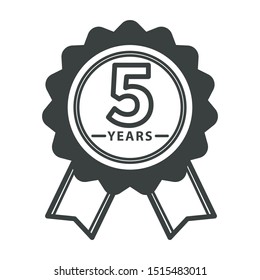 5 Year Warranty Medal Isolated Icon, Quality Guarantee Symbol Vector. Reward Or Award Shape, Validation Or Certificate, Product Repair Insurance. Seal Or Logo, Long Term Usage Emblem With Ribbon