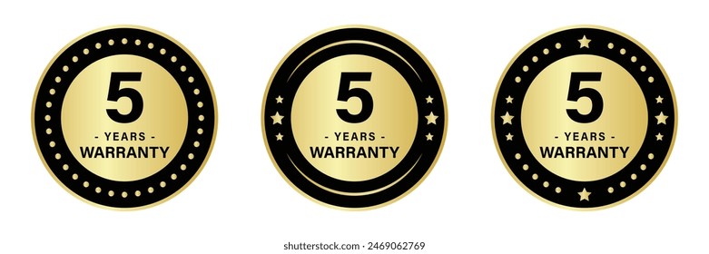 5 year warranty stamp logo in three different styles with stars to ensure product quality, available in gold and black colors.