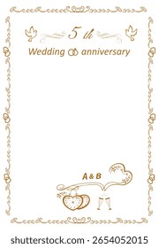 5 year wedding anniversary frame for text. Original beautiful illustration. Golden pattern. Champagne glasses. Wooden wedding.Vector