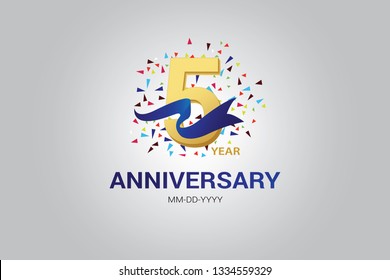 5 years anniversary blue ribbon celebration logotype. anniversary logo with golden and Spark light white color isolated on black background, vector design for celebration, invitation vector