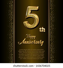 5 years Anniversary Celebrating golden text and confetti on black background. Vector template.