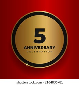 5 years anniversary celebration background. Celebrating 5th anniversary event party poster template. Vector golden circle with numbers and text on red square background. Vector illustration