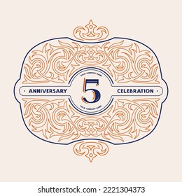 5 years anniversary celebration card with floral ornament in thin line style. Red and white colors on dark background