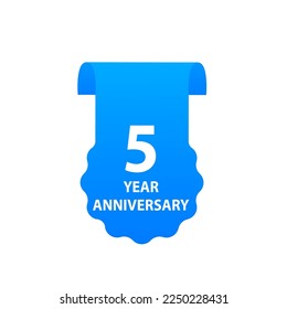 5 Years Anniversary Celebration. Design with blue color and ribbon isolated on white background for celebration event. Vector illustration
