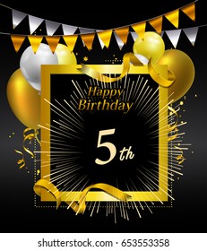 5 years anniversary celebration design. with confetti, balloon and flag golden colored isolated on black background, vector design for greeting card and invitation card