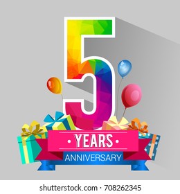 5 Years Anniversary Celebration Design, with gift box and balloons, red ribbon, Colorful polygonal logotype, Vector template elements for your birthday party.