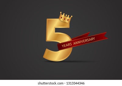 5 years anniversary celebration with elegant golden color, red ribbon and dark background, design for anniversary celebration. Eps10 vector
