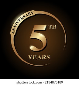 5 years anniversary celebration. Anniversary logo with ring and elegance golden color isolated on black background, vector design for celebration, invitation card, greeting card, and banner