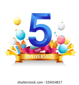 5 Years Anniversary celebration logo, birthday vector illustration, with gift box and balloons, colorful polygonal design.