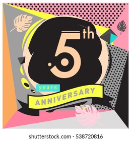 5 years Anniversary celebration logo with memphis design style. Colorful Vector illustration template elements for your birthday party.