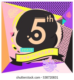 5 years Anniversary celebration logo with memphis design style. Colorful Vector illustration template elements for your birthday party.