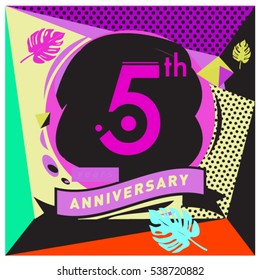 5 years Anniversary celebration logo with memphis design style. Colorful Vector illustration template elements for your birthday party.