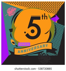 5 years Anniversary celebration logo with memphis design style. Colorful Vector illustration template elements for your birthday party.