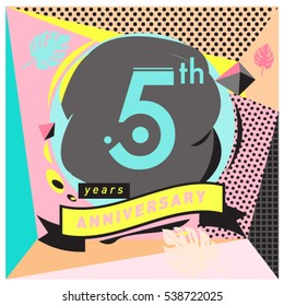 5 years Anniversary celebration logo with memphis design style. Colorful Vector illustration template elements for your birthday party.
