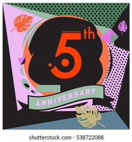 5 years Anniversary celebration logo with memphis design style. Colorful Vector illustration template elements for your birthday party.