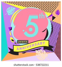 5 years Anniversary celebration logo with memphis design style. Colorful Vector illustration template elements for your birthday party.