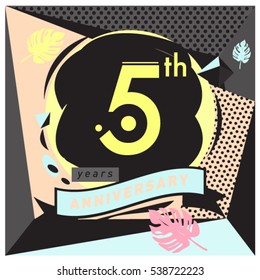 5 years Anniversary celebration logo with memphis design style. Colorful Vector illustration template elements for your birthday party.