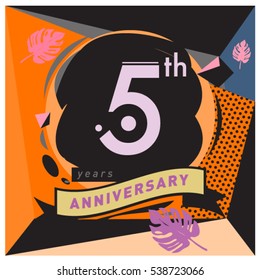 5 years Anniversary celebration logo with memphis design style. Colorful Vector illustration template elements for your birthday party.