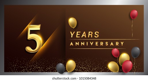 5 years anniversary celebration logotype. anniversary logo with golden color, balloon and confetti isolated on elegant background, vector design for celebration, invitation card, and greeting card