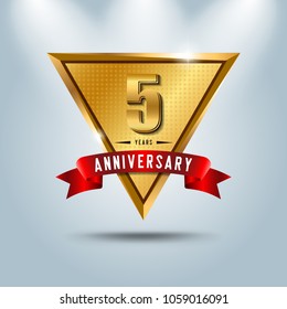 5 years anniversary celebration logotype. Golden anniversary emblem with red ribbon. Design for booklet, leaflet, magazine, brochure, poster, web, invitation or greeting card. Vector illustration. 