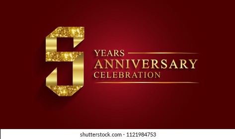 5 years anniversary celebration logotype. Logo ribbon golden number on red background.Numbers ribbon gold foil.