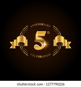 5 years anniversary celebration logotype. Golden anniversary emblem with ribbon. Design for booklet, leaflet, magazine, brochure, poster, web, invitation or greeting card. Vector illustration. 