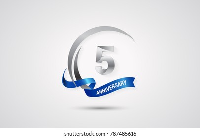 5 Years Anniversary Celebration Logotype. Silver Elegant Vector Illustration  with Swoosh,  Isolated on white Background can be use for Celebration, Invitation, and Greeting card