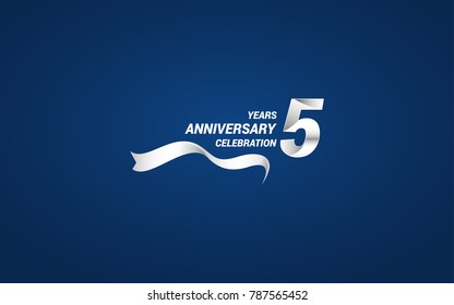 5 Years Anniversary celebration logotype white colored, using ribbon and isolated on blue background
