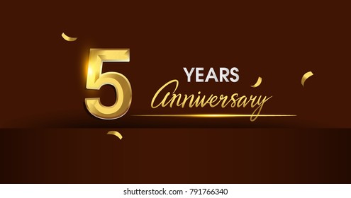 
5 years anniversary celebration logotype. anniversary logo with golden color and gold confetti isolated on dark background, vector design for celebration, invitation card, and greeting card