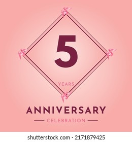 5 years anniversary celebration with purple frame isolated on soft pink background. Creative design for happy birthday, wedding, ceremony, event party, marriage, invitation card and greeting card.