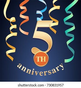 5 years anniversary celebration vector icon, logo. Template design element with golden number and spiral garlands for 5th anniversary greeting card