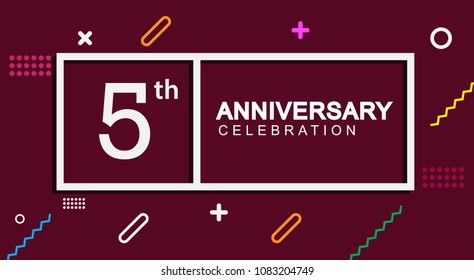 5 years anniversary celebration white square style isolated on dark purple with colorful memphis pattern background, design for anniversary celebration.
