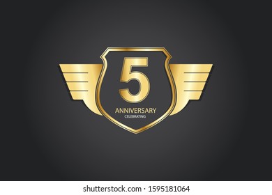 5 years anniversary design logotype 3D golden stylized modern shape winged shield on black background for celebration event